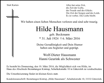 Traueranzeige von Hilde Hausmann von Neue Westfälische