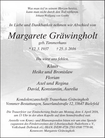 Traueranzeige von Margarete Gräwingholt von Neue Westfälische