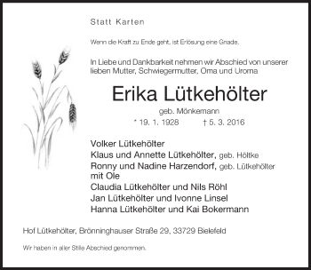 Traueranzeige von Erika Lütkehölter von Neue Westfälische