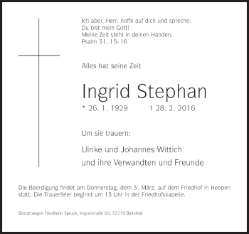 Traueranzeige von Ingrid Stephan von Neue Westfälische