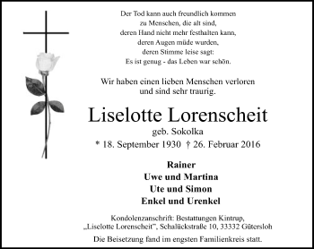 Traueranzeige von Liselotte Lorenscheit von Neue Westfälische