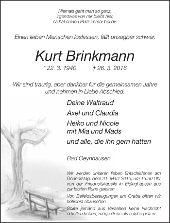 Traueranzeige von Kurt Brinkmann von Neue Westfälische