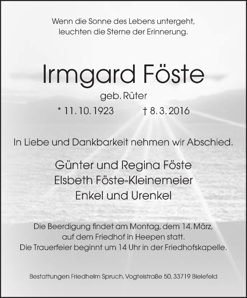  Traueranzeige für Irmgard Föste vom 10.03.2016 aus Neue Westfälische