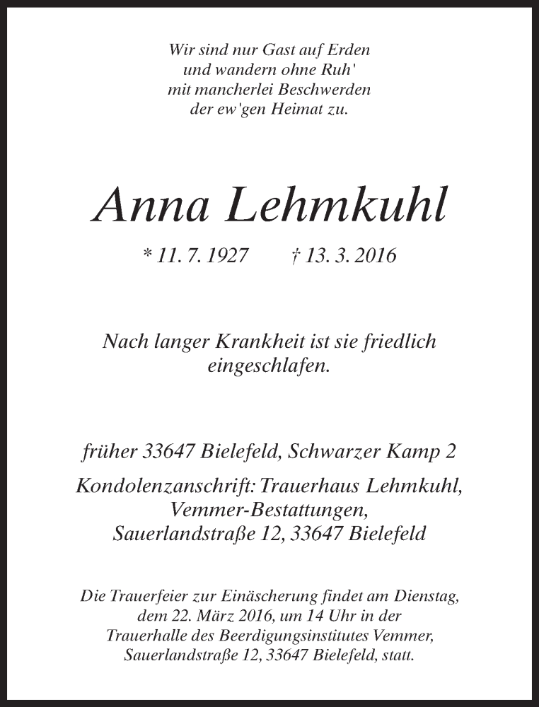  Traueranzeige für Anna Lehmkuhl vom 19.03.2016 aus Neue Westfälische