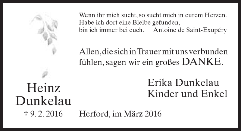  Traueranzeige für Heinz Dunkelau vom 12.03.2016 aus Neue Westfälische
