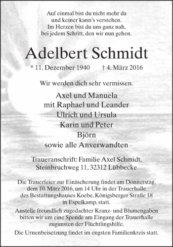 Traueranzeige von Adelbert Schmidt von Neue Westfälische