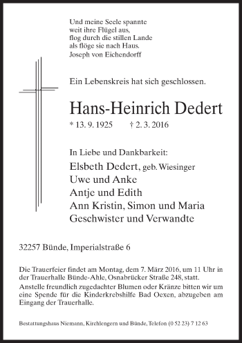 Traueranzeige von Hans-Heinrich Dedert von Neue Westfälische