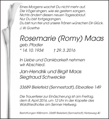 Traueranzeige von Rosemarie Maas von Neue Westfälische