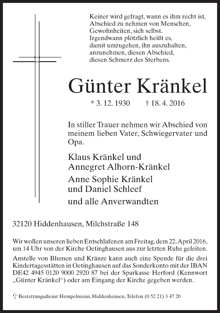  Traueranzeige für Günter Kränkel vom 20.04.2016 aus Neue Westfälische