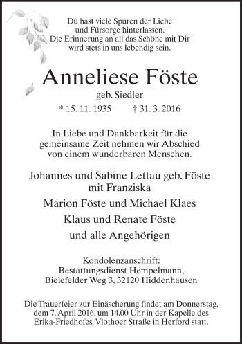 Traueranzeige von Anneliese Föste von Neue Westfälische
