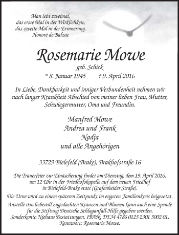 Traueranzeige von Rosemarie Mowe von Neue Westfälische