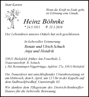 Traueranzeige von Heinz Böhnke von Neue Westfälische