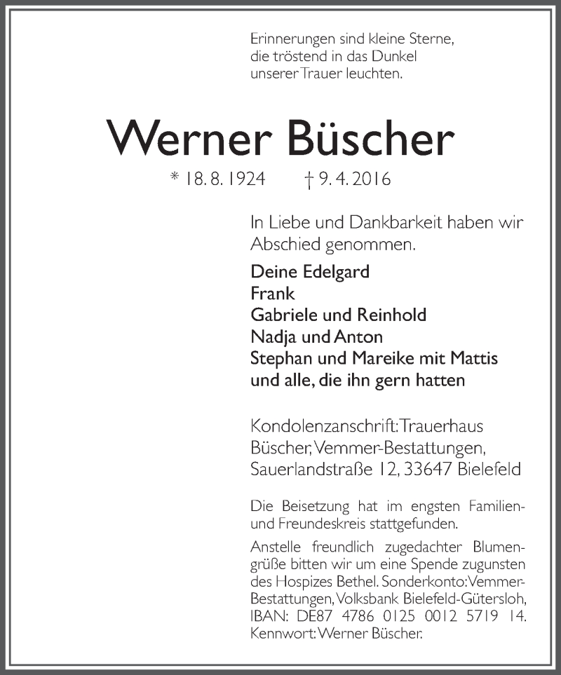  Traueranzeige für Werner Büscher vom 16.04.2016 aus Neue Westfälische