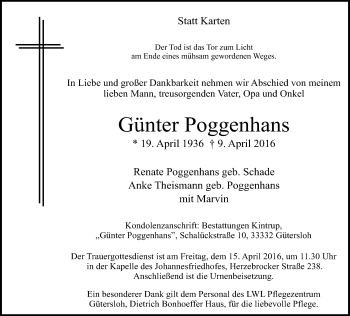 Traueranzeige von Günter Poggenhans von Neue Westfälische