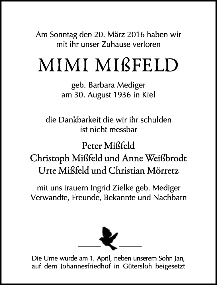  Traueranzeige für Barbara Medinger vom 02.04.2016 aus Neue Westfälische