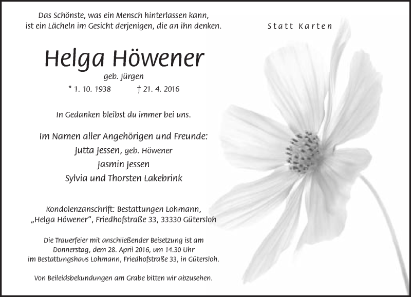  Traueranzeige für Helga Höwener vom 25.04.2016 aus Neue Westfälische