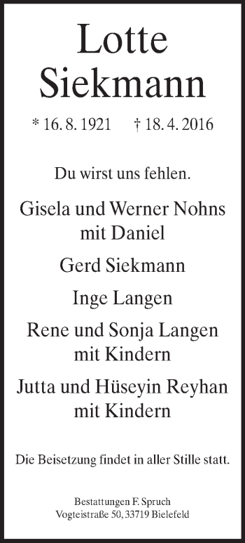 Traueranzeige von Lotte Siekmann von Neue Westfälische