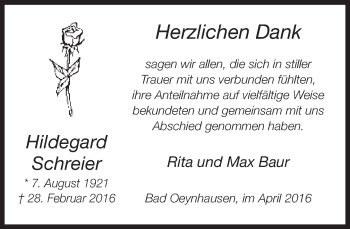 Traueranzeige von Hildegard Schreier von Neue Westfälische