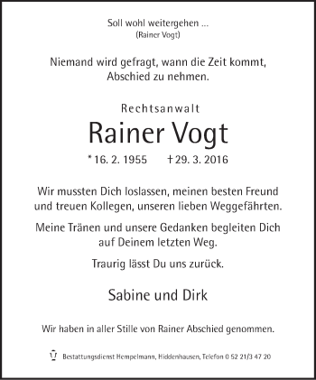 Traueranzeige von Rainer Vogt von Neue Westfälische