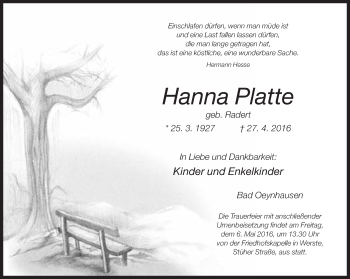 Traueranzeige von Hanna Platte von Neue Westfälische