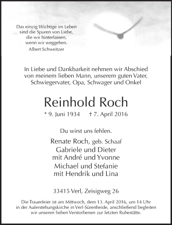 Traueranzeige von Reinhold Roch von Neue Westfälische