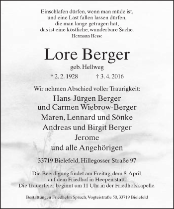 Traueranzeige von Lore Berger von Neue Westfälische
