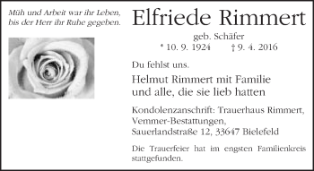 Traueranzeige von Elfriede Rimmert von Neue Westfälische