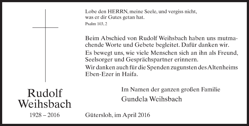  Traueranzeige für Rudolf Weihsbach vom 09.04.2016 aus Neue Westfälische