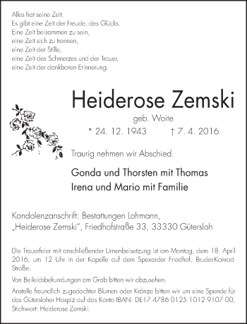 Traueranzeige von Heiderose Zemski von Neue Westfälische