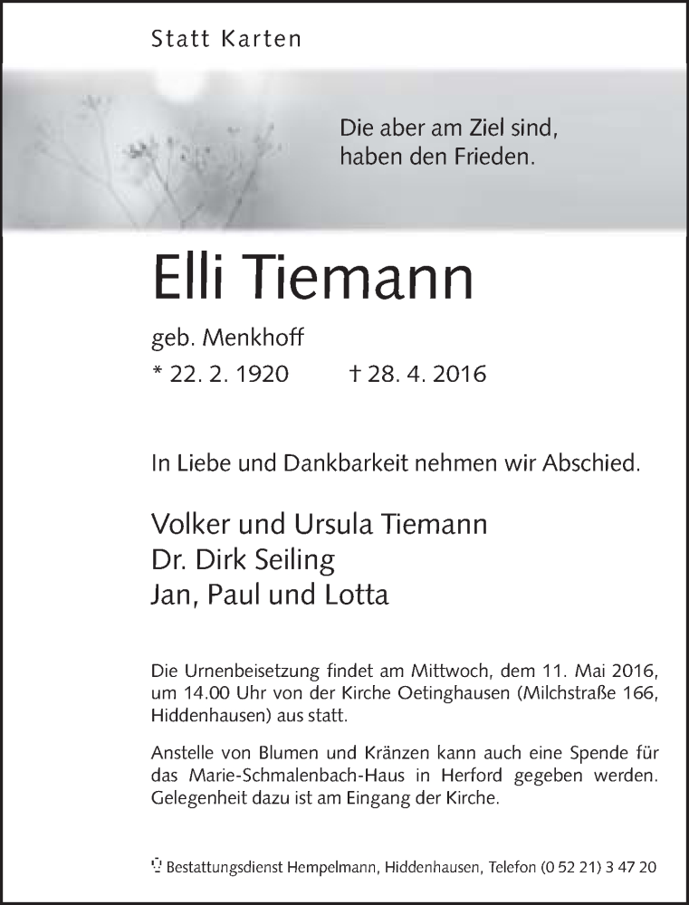  Traueranzeige für Elli Tiemann vom 30.04.2016 aus Neue Westfälische