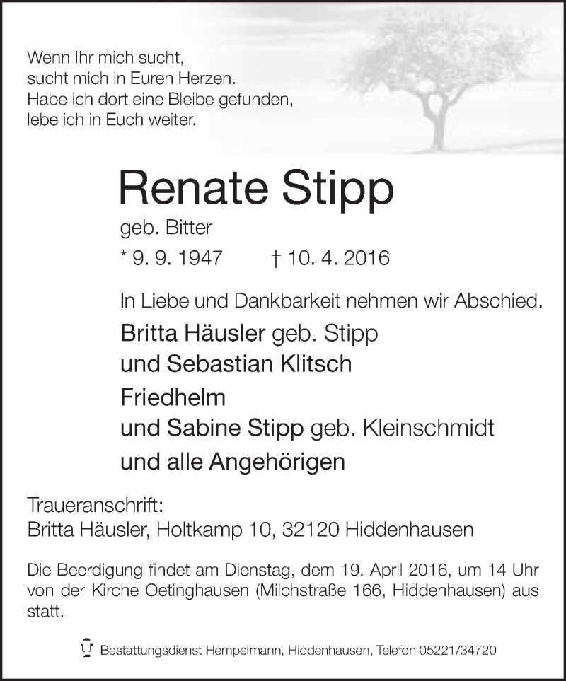  Traueranzeige für Renate Stipp vom 15.04.2016 aus Neue Westfälische