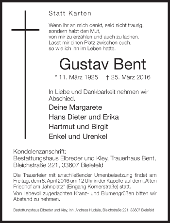 Traueranzeige von Gustav Bent von Neue Westfälische