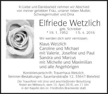 Traueranzeige von Elfriede Wetzlich von Neue Westfälische