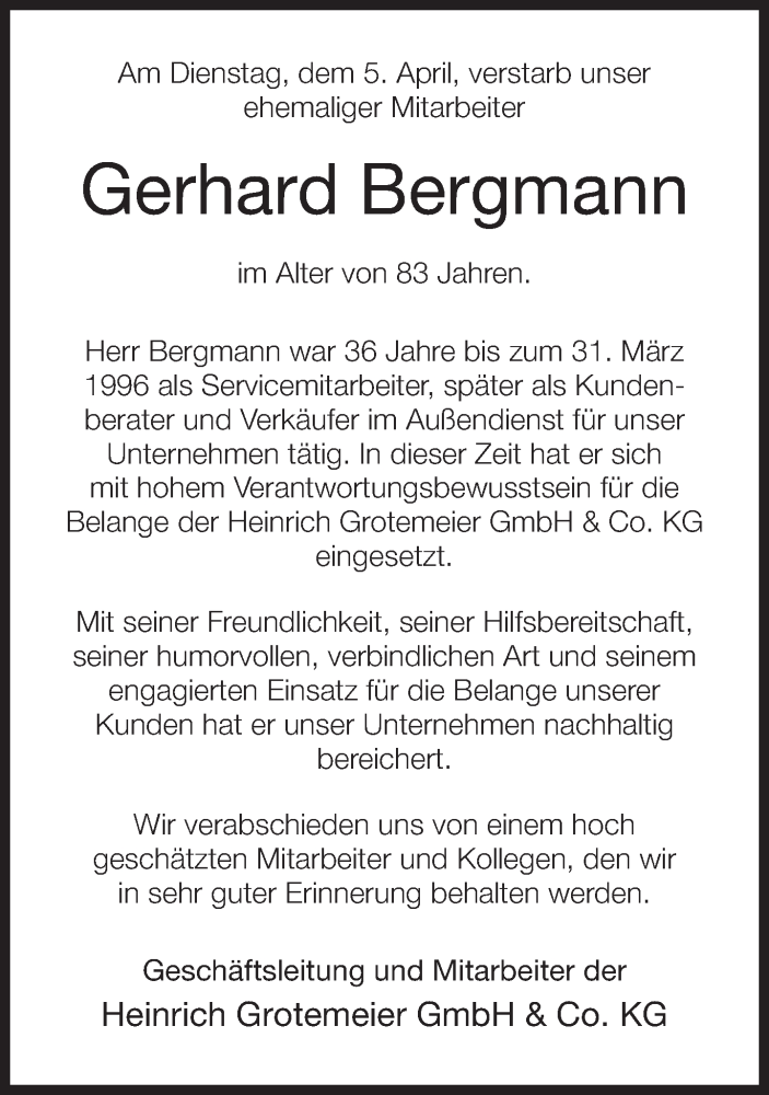  Traueranzeige für Gerhard Bergmann vom 12.04.2016 aus Neue Westfälische