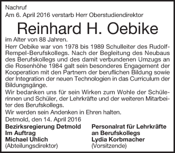 Traueranzeige von Reinhard H. Oebike von Neue Westfälische