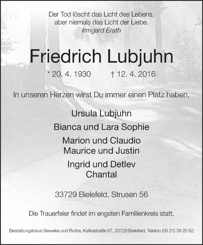  Traueranzeige für Friedrich Lubjuhn vom 16.04.2016 aus Neue Westfälische