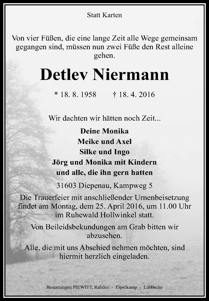  Traueranzeige für Detlev Niermann vom 23.04.2016 aus Neue Westfälische