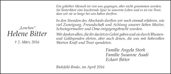 Traueranzeige von Helene Bitter von Neue Westfälische