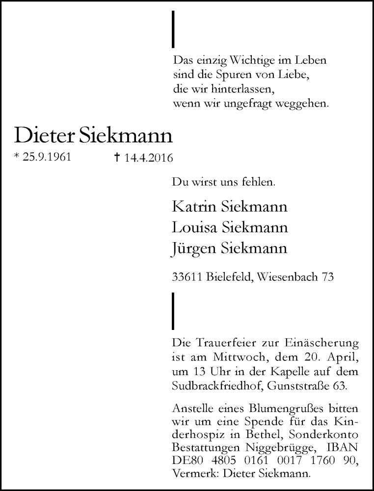  Traueranzeige für Dieter Siekmann vom 16.04.2016 aus Neue Westfälische
