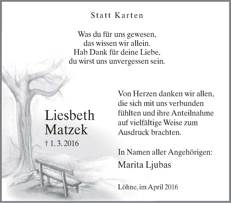  Traueranzeige für Liesbeth Matzek vom 16.04.2016 aus Neue Westfälische