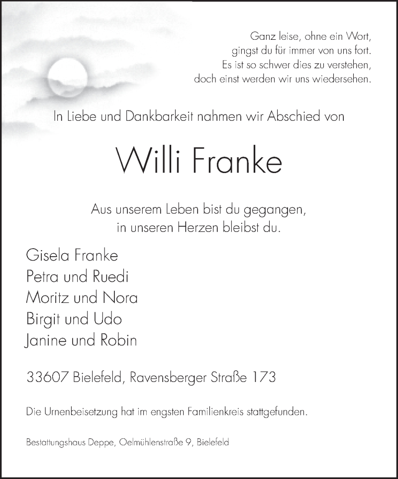  Traueranzeige für Willi Franke vom 16.04.2016 aus Neue Westfälische