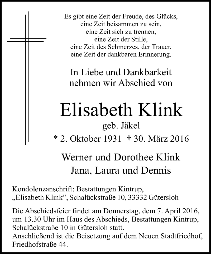  Traueranzeige für Elisabeth Klink vom 02.04.2016 aus Neue Westfälische