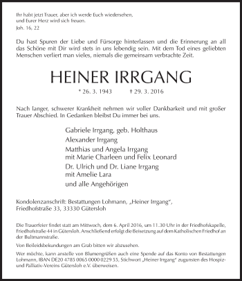 Traueranzeige von Heiner Irrgang von Neue Westfälische