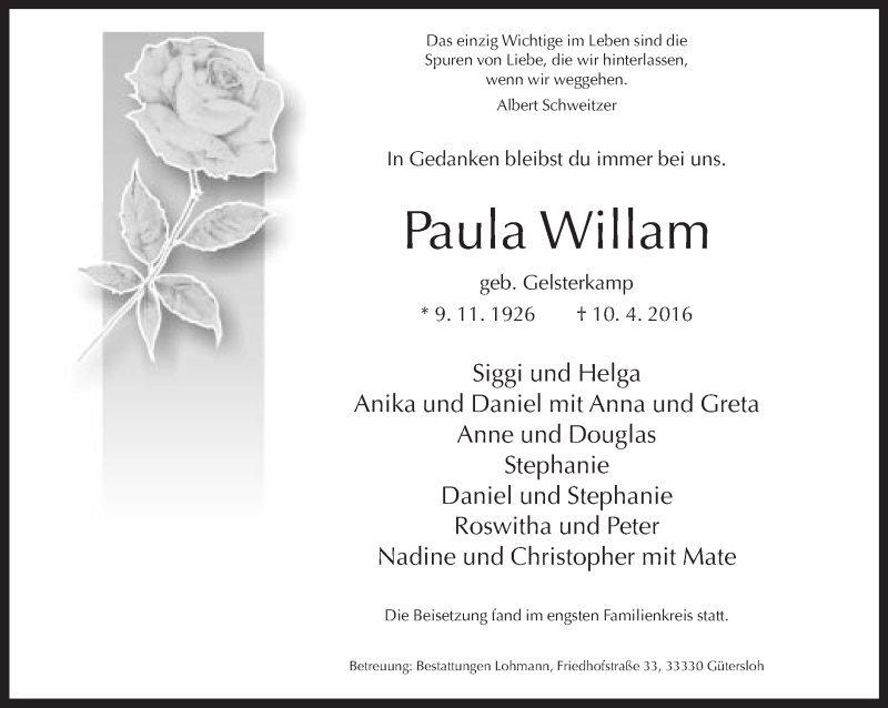  Traueranzeige für Paula Willam vom 23.04.2016 aus Neue Westfälische