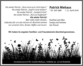 Traueranzeige von Patrick Niehaus von Neue Westfälische