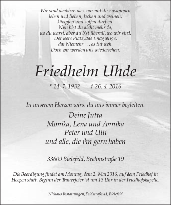 Traueranzeige von Friedhelm Uhde von Neue Westfälische