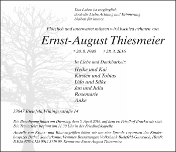 Traueranzeige von Ernst-August Thiesmeier von Neue Westfälische