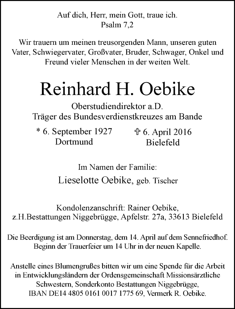 Traueranzeige für Reinhard H. Oebike vom 09.04.2016 aus Neue Westfälische