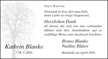 Traueranzeige von Kathrin Blanke von Neue Westfälische