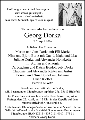 Traueranzeige von Georg Dorka von Neue Westfälische